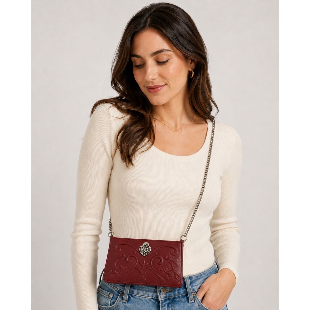 Brighton Ferrara Sangria Leather Wallet Chain Crossbody Bag Embossed Heart NWOT - Picture 11 of 11